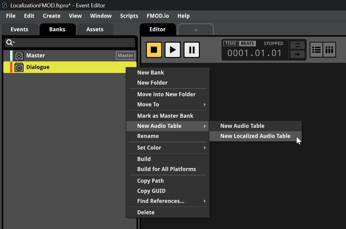 How to create audio table in FMOD